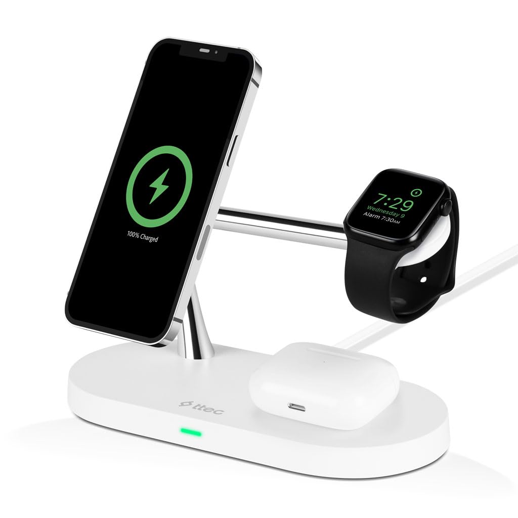 ttec AirCharger Quattro M MagSafe Uyumlu iPhone+AppleWatch+AirPods LED li Kablosuz Hızlı Şarj Standı Beyaz