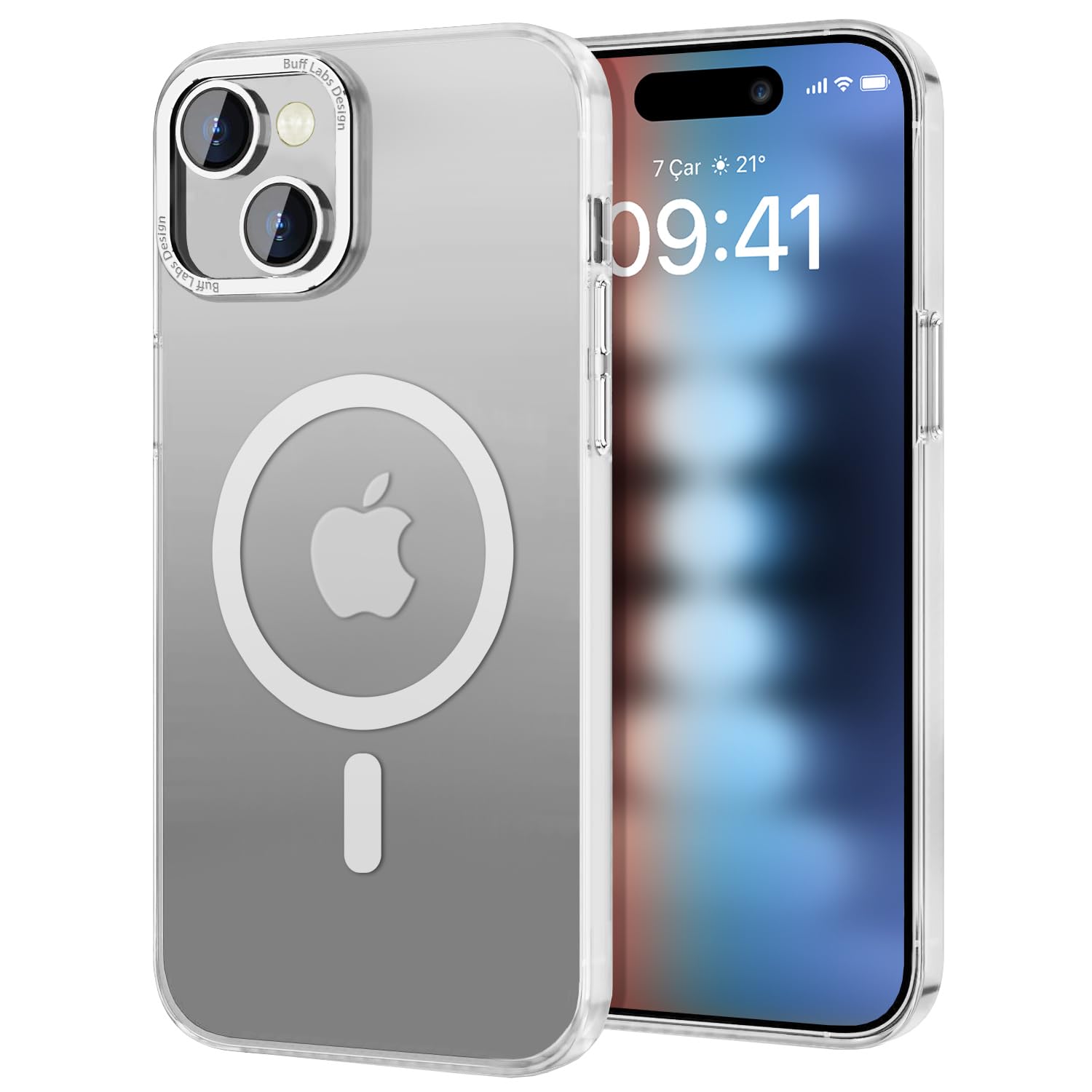 BUFF LABS iPhone 15 TaoFit Manyetik Yarı Saydam Metal Çerçeveli Kılıf (Beyaz)