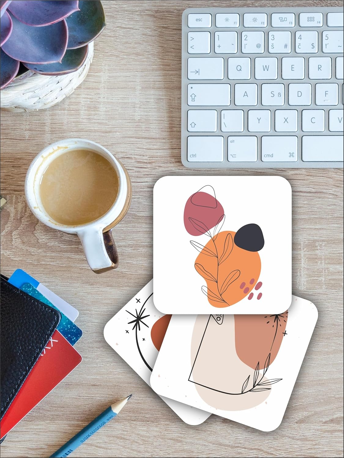 Karbonsoft Bohem Ay Kelebek Temalı Ahşap Bardak Altlığı Ahşap Baskılı Altlık 6'lı set (9 x9CM) karbonNM26