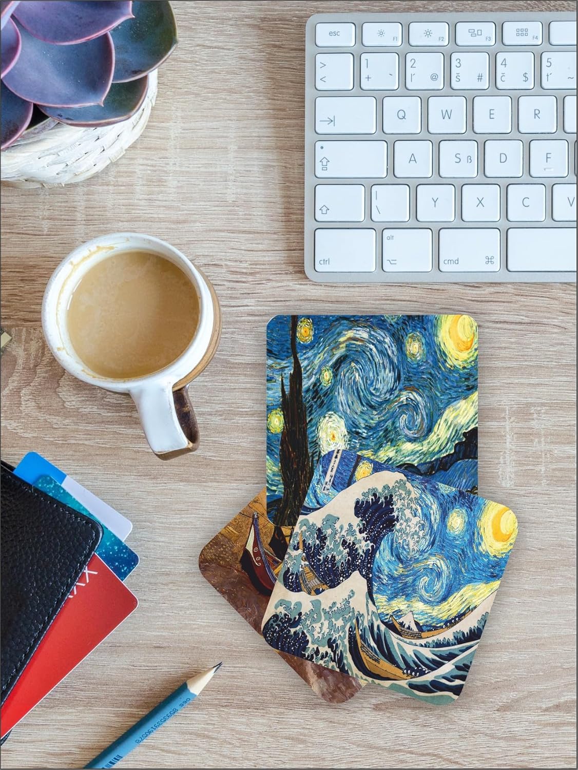 Karbonsoft Van Gogh Temalı Ahşap Bardak Altlığı Ahşap Baskılı Altlık 6'lı set (9 x9CM) karbonNM14