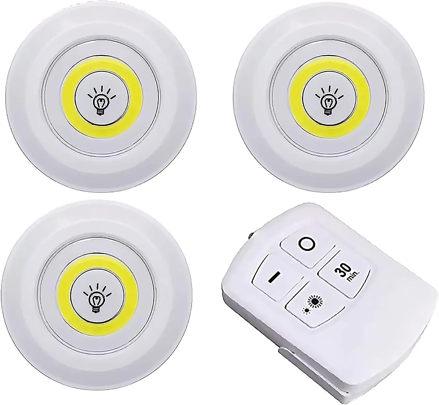 PLUSPRIME, uzaktan kumandalı ve basmalı düğmeli 3 adet kendinden yapışkanlı LED ışık paketi, kablosuz kurulum, iç mekan kullanımı için ideal, beyaz ışık (piller dahil değildir)