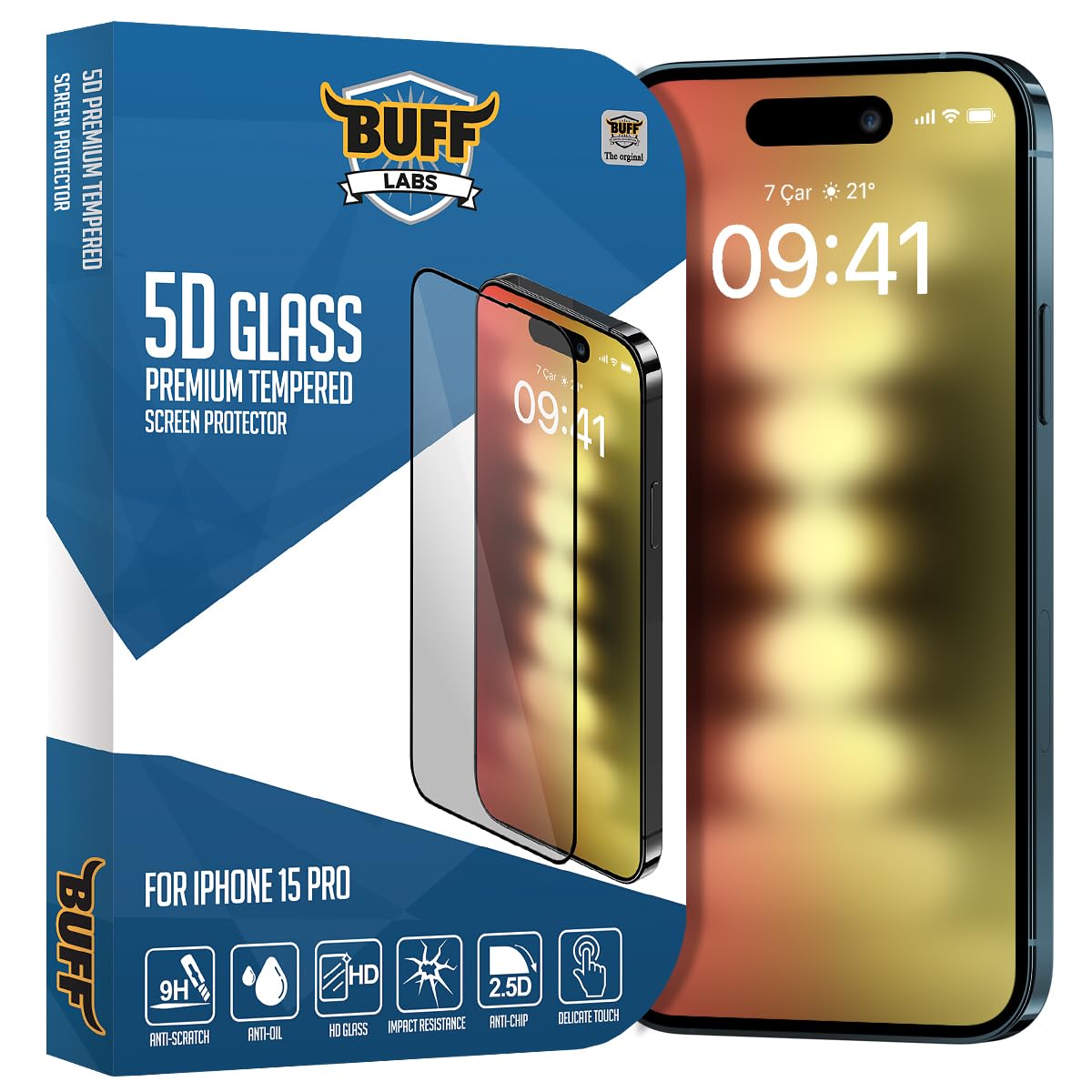Buff, iPhone 15 Pro ile Uyumlu 5D Glass Ekran Koruyucu, BF5P5D, Şeffaf