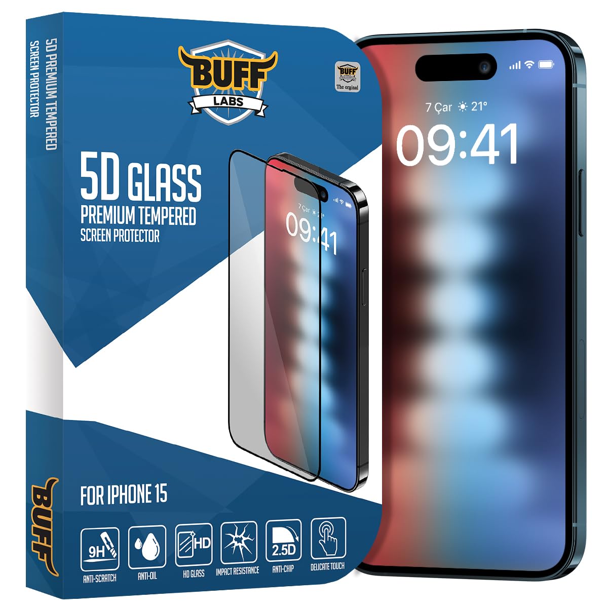 BUFF LABS iPhone 15 ile Uyumlu 5D Glass Ekran Koruyucu