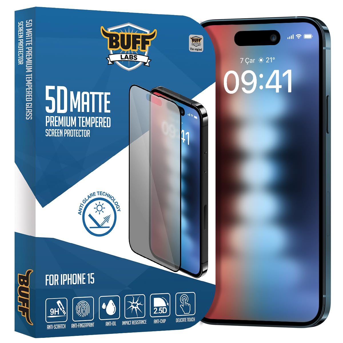 BUFF LABS Buff iPhone 15 ile Uyumlu 5D Matte Mat Ekran Koruyucu