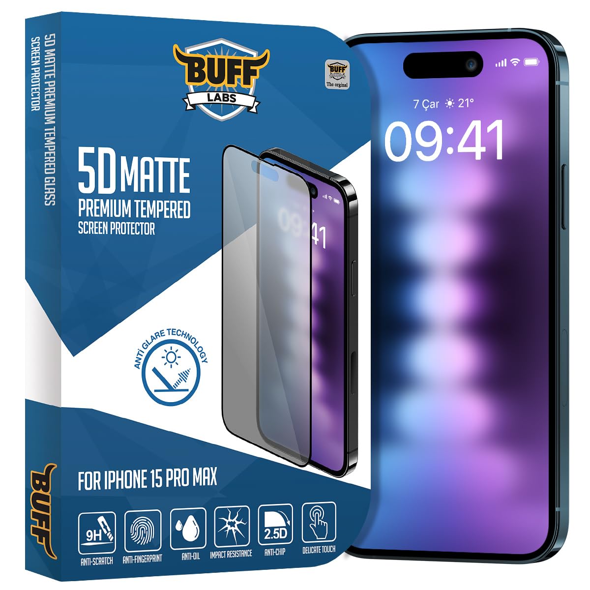 BUFF LABS iPhone 15 Pro Max ile Uyumlu 5D Mat Ekran Koruyucu, BF2306