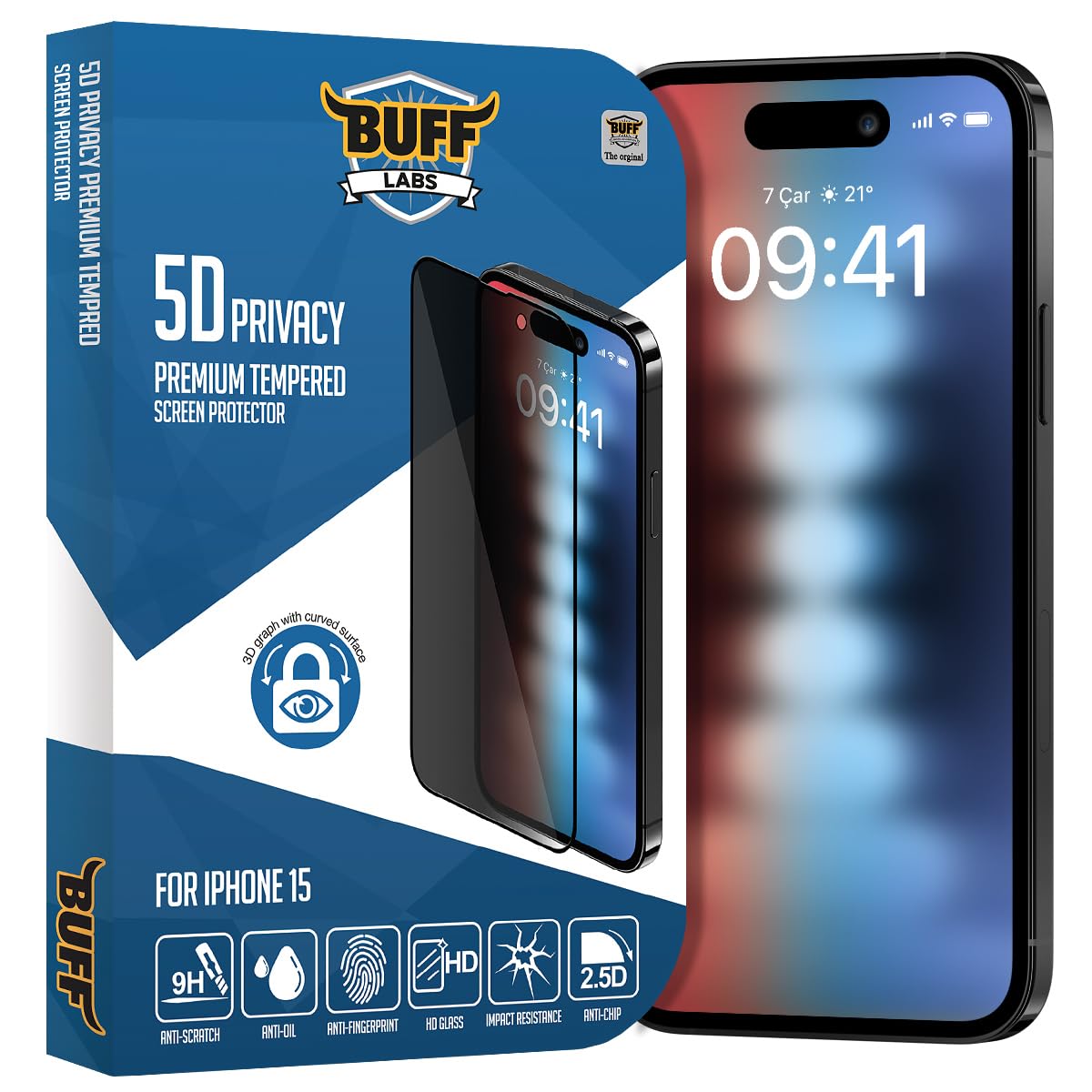 BUFF LABS iPhone 15 ile Uyumlu 5D Privacy Hayalet Ekran Koruyucu