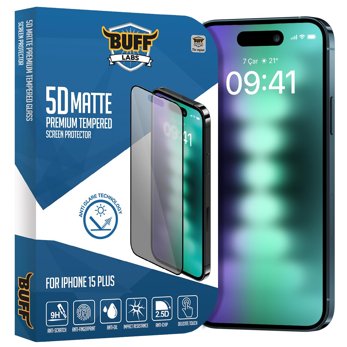 BUFF LABS iPhone 15 Plus ile Uyumlu 5D Matte Mat Ekran Koruyucu
