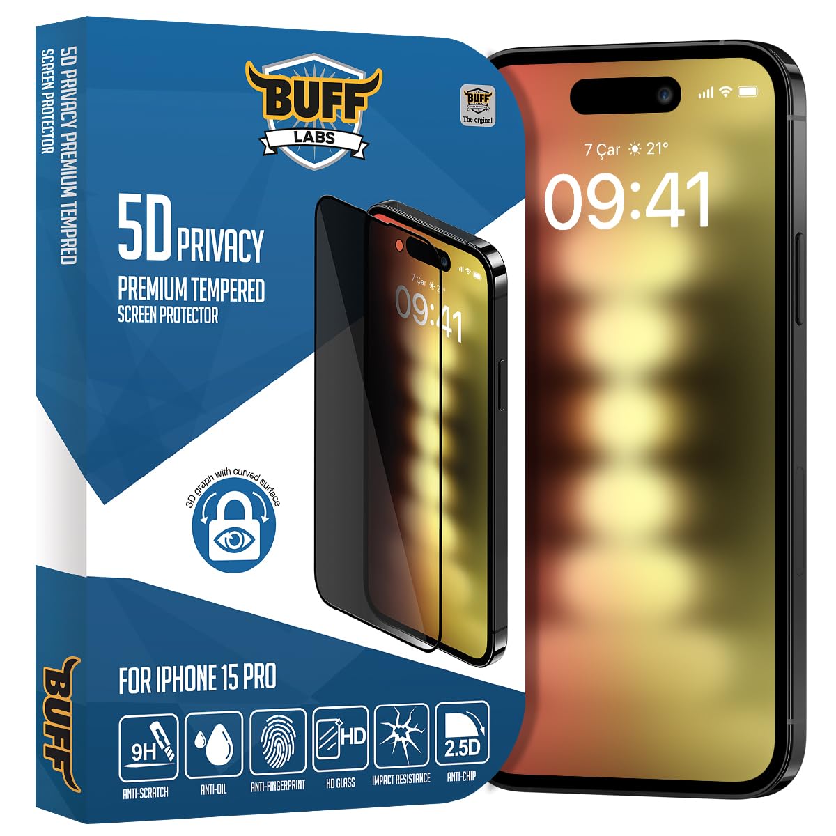 Buff, iPhone 15 Pro ile Uyumlu 5D Privacy Hayalet Ekran Koruyucu, BF2252, Siyah