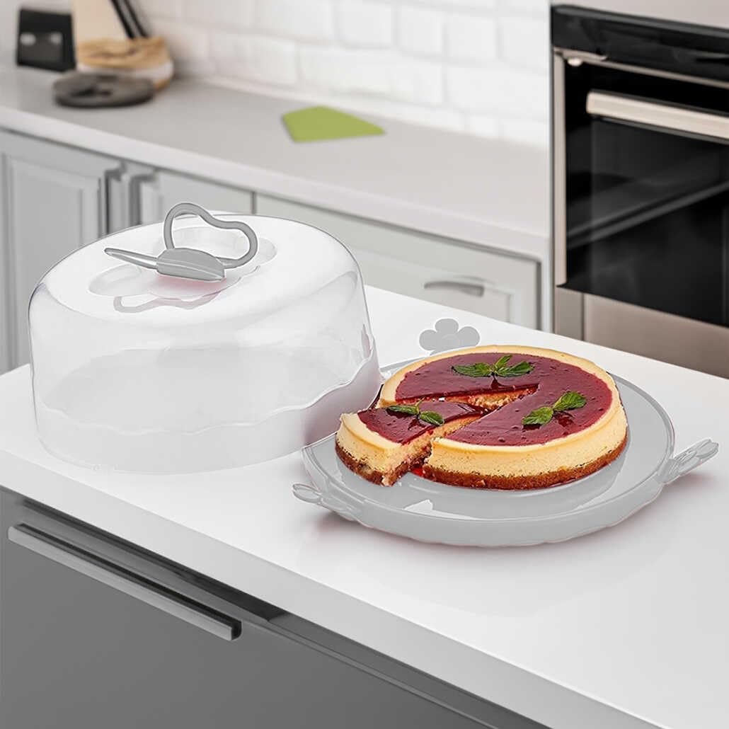 Porsima L-00501 Caramel Kilitli Kapaklı Kek Pasta Saklama Taşıma Kabı Borcam - Kek Fanusu Gri