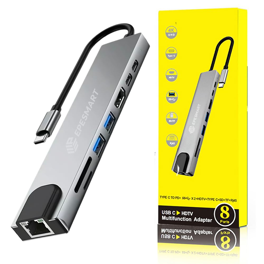 EPESMART 8 Portları 1 Arada USB C Hub Adaptörü, 4K HDMI, Şarj Cihazı, USB C Bağlantı Noktaları, SD/Micro SD Kart Okuyucular, Ethernet Bağlantı Noktası, M1 ve M2 Mac Bilgisayarlar için, Thunderbolt 3