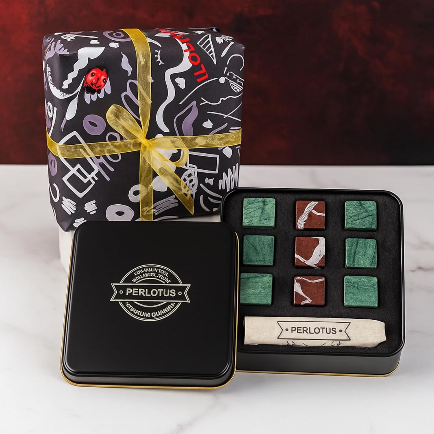 Perlotus Yeşil Vişne Mermer Viski Taşı Hediye Kutulu Babalar Günü Hediyesi (9 Adet)