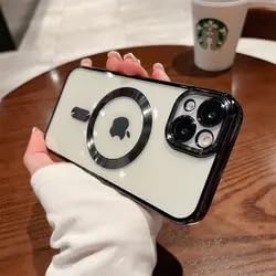 GGM AKSESUAR iPhone 15 için Magsafe ile Uyumlu Arka Kısmı Parlak Şeffaf Yapıya Sahip Kenarları Silikon Yapılı Güçlendirilmiş Mıknatıslı Kamera Lens Koruyuculu Wireless Kablosuz Şarj Destekli Kılıf (Siyah)