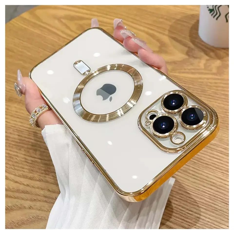 GGM AKSESUAR iPhone 15 Pro Max için Magsafe ile Uyumlu Arka Kısmı Parlak Şeffaf Yapıya Sahip Kenarları Silikon Yapılı Güçlendirilmiş Mıknatıslı Kamera Lens Koruyuculu Wireless Kablosuz Şarj Destekli Kılıf (Altın Rengi)