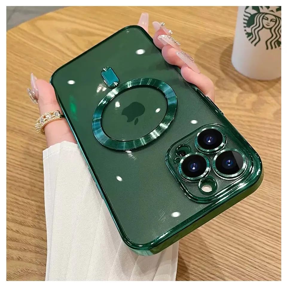 GGM AKSESUAR iPhone 15 Pro için Magsafe ile Uyumlu Arka Kısmı Parlak Şeffaf Yapıya Sahip Kenarları Silikon Yapılı Güçlendirilmiş Mıknatıslı Kamera Lens Koruyuculu Wireless Kablosuz Şarj Destekli Kılıf (Yeşil)