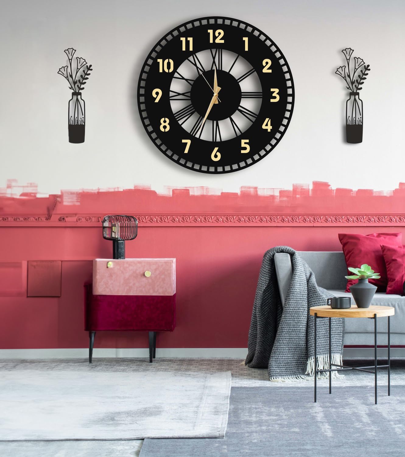 aswood MODERN TABLO SETLİ AHŞAP VIP DEKORATİF DUVAR SAATİ