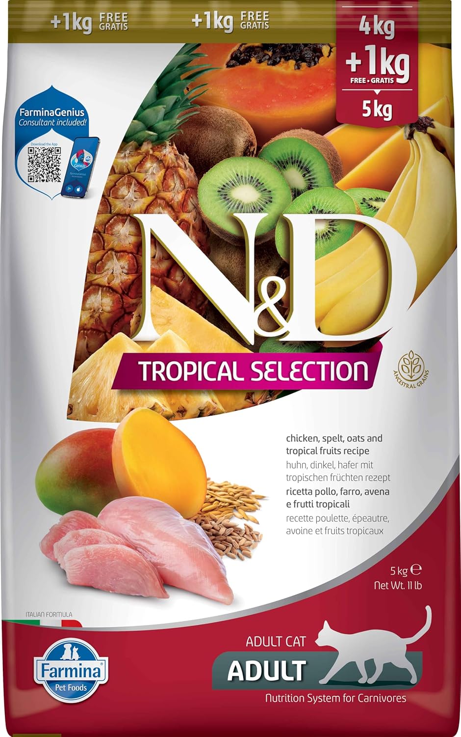 AMASCOTADOS Nd N&D Tropical Selection Tavuklu Ve Tropikal Meyveli Yetişkin Kedi Maması 4+1 Kg