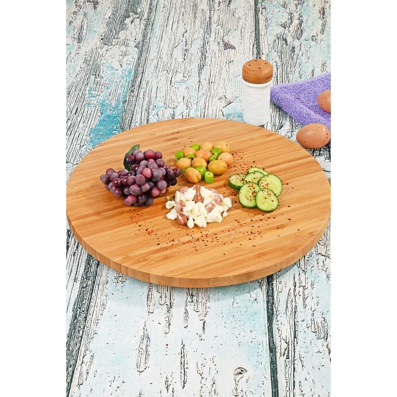 Deconox 34cm Dönerli Bambu Yuvarlak Pizza ve Sunum Tepsisi, 360 Derece Dönebilen Kahvaltı Sunum, Pizza Sunum ve Börek Sunum Tepsisi