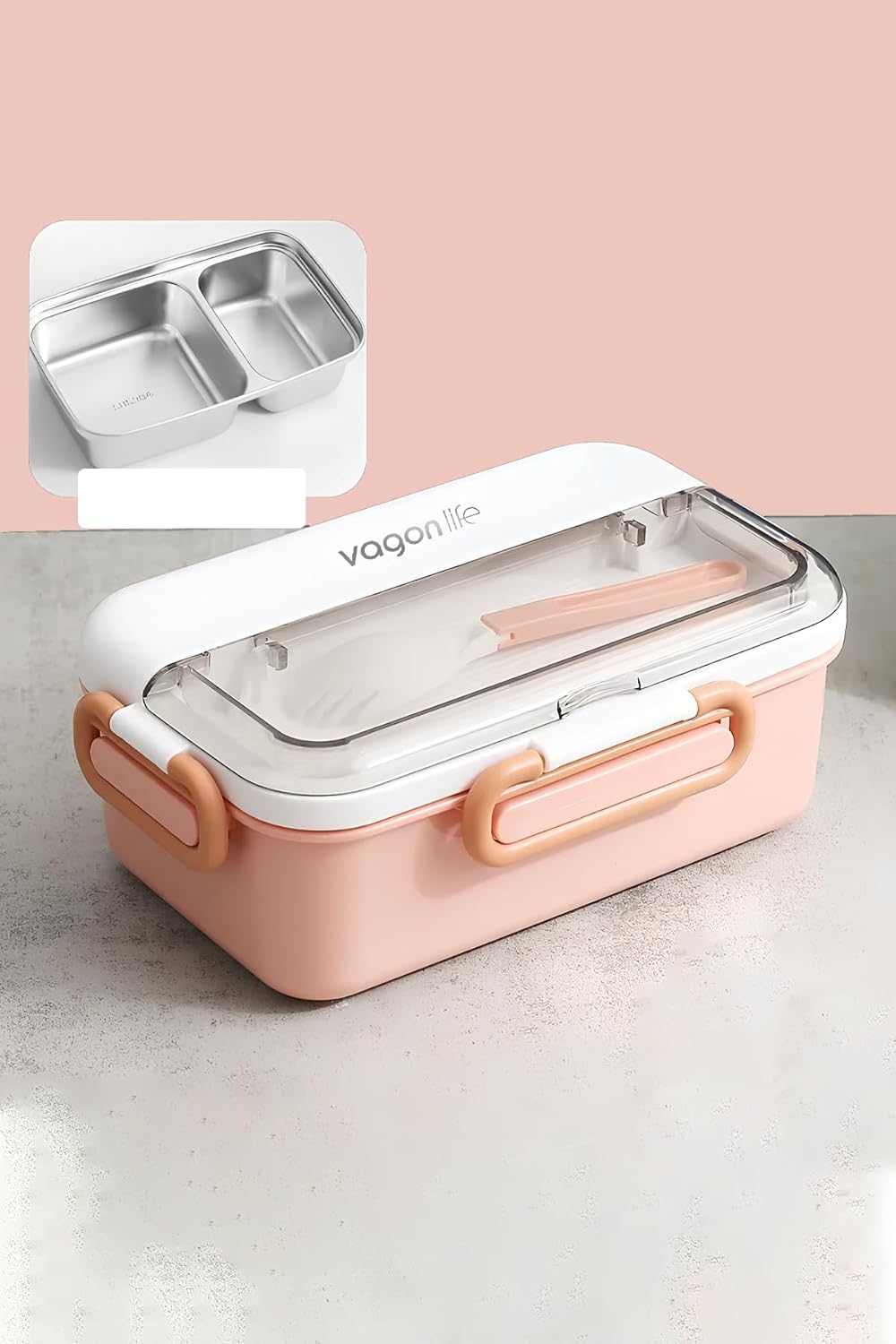 Vagonlife Tek Kat Çift Bölme Bento Lunch Box Ofis-Okul İçin Yeni Nesil Sefer Tası Paslanmaz Çelik 588 Pudra