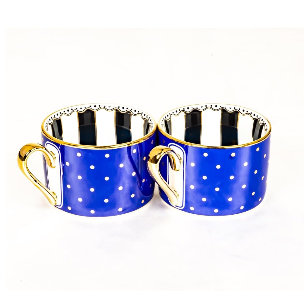 Odavar Puantiyeli, İkili, Renkli Çay Fincanı, Kahve Fincanı, Kupa, İçi Desenli, Porselen Fincan Seti (Lacivert)