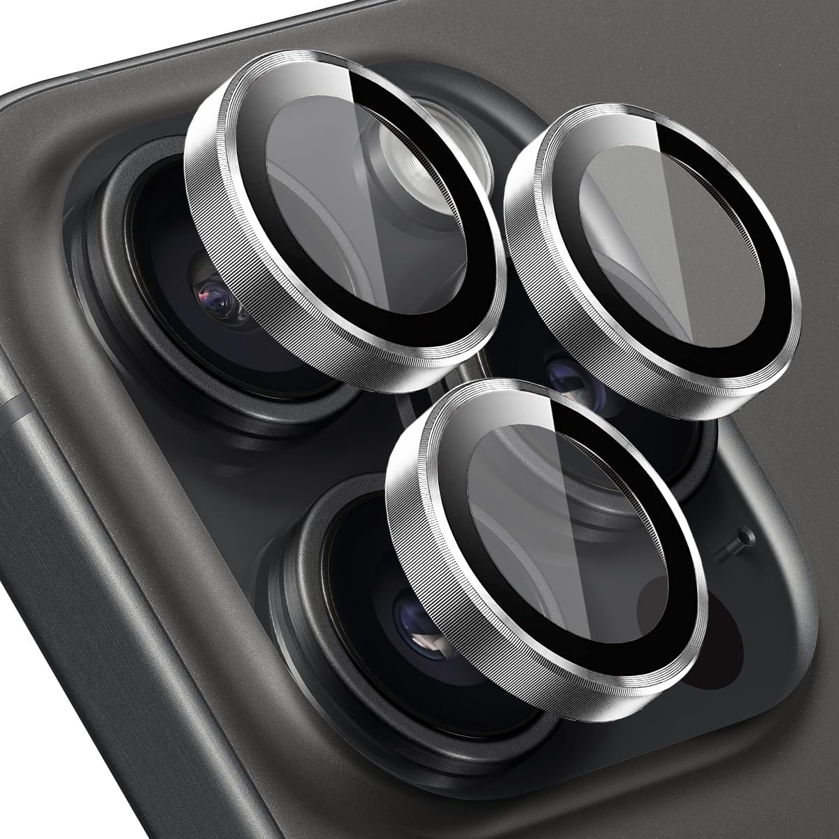 BUFF LABS Buff iPhone 15 Pro Max / 15 Pro Screen Protector 9H Safir Cam Kamera Metal Lens Koruyucu (Gümüş)