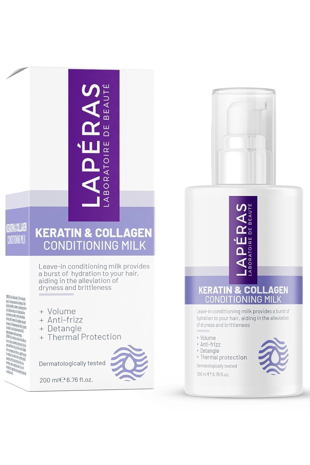 Lapéras Keratin & Collagen Leave-in Conditioning Milk, Besleyici Nemlendirici Isı Koruması Sağlayan Durulama Gerektirmeyen Uv Filtreli Saç Bakım Sütü, 200 ml