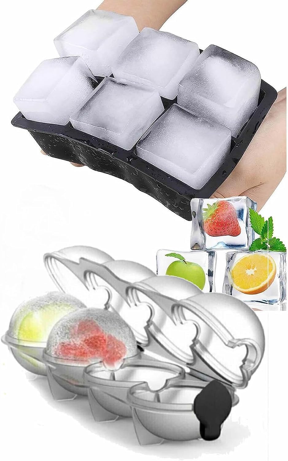 Orret Home Silikon Buz Kalıpları (2 li Set) Kapaklı Küre Buz Kalıbı ve Büyük Kare Buz Kalıbı & BPA İçermez (Küre Buzluk Modeli Asortidir)