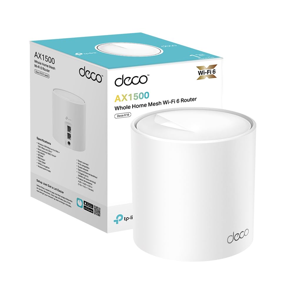 TP-Link Deco X10 1-pack, AX1500 Mbps, 190 m²'ye kadar Kapsama Alanı, 120 Cihaza Kadar Bağlantı, Gigabit Portlu, Mobil Uygulama ile Kolay Kurulum,Yapay Zeka Destekli Wi-Fi 6 Mesh Sistemi
