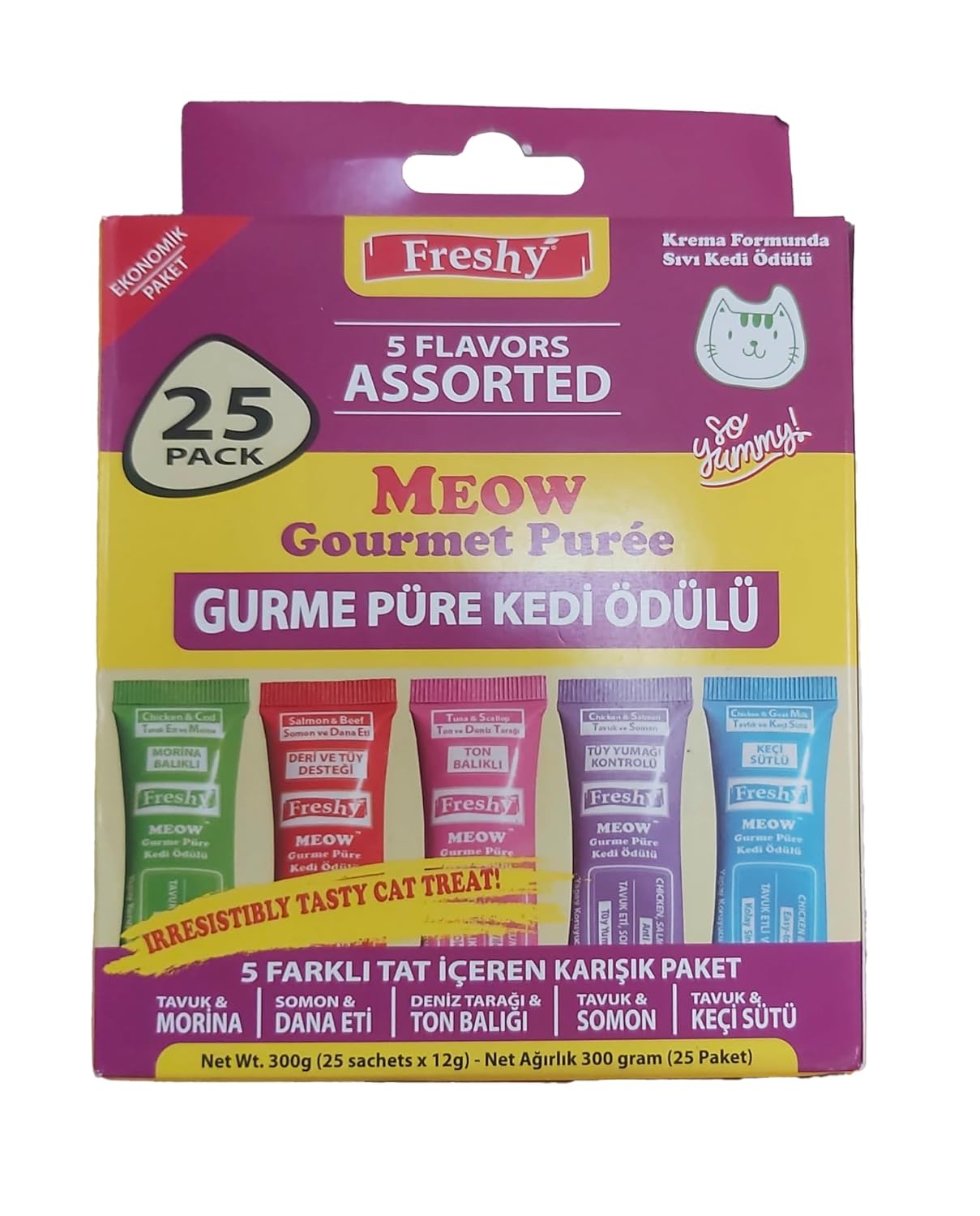 Freshy Meow Gourmet 5 Çeşit Karma Paket - Gurme Püre Kedi Ödül Maması - 25'li Paket - Toplam 300 gram