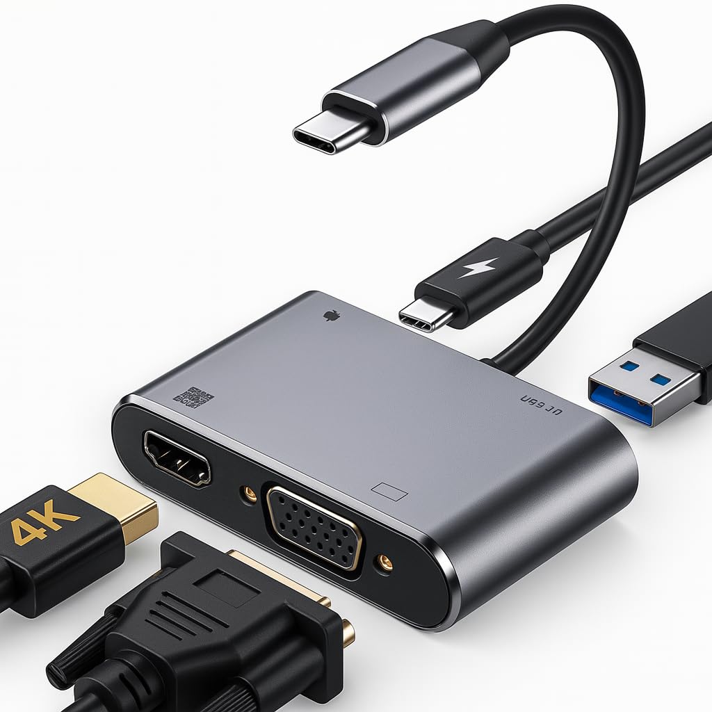 Kyrotech 4İN1 USB C HDMI VGA adaptörü, USB C hub, 4K HDMI, 1080P VGA, USB 3.0, USB C PD şarj, MacBoo