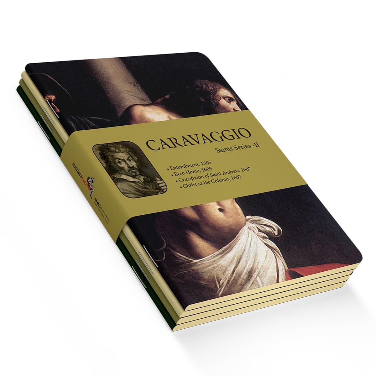 Retronote Saint Series II - A5, Caravaggio 4'lü Defter Seti IV, Çizgisiz, Toplam 256 Sayfa, Her biri 64 Sayfa, Tel Dikiş, Esnek Kapak, Oval Kenar, Tuval Doku, 60 gram, Sarı Krem Renk