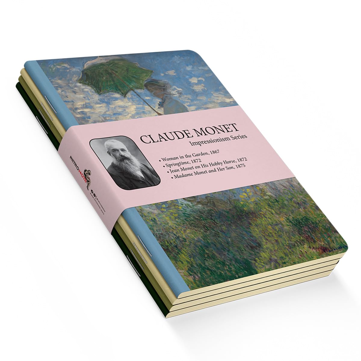 Retronote Impressionism Series - A6, Claude Monet 4'lü Defter Seti I, Çizgisiz, Toplam 192 Sayfa, Her biri 48 Sayfa, Tel Dikiş, Esnek Kapak, Oval Kenar, Tuval Doku, 60 gram, Sarı Krem Renk