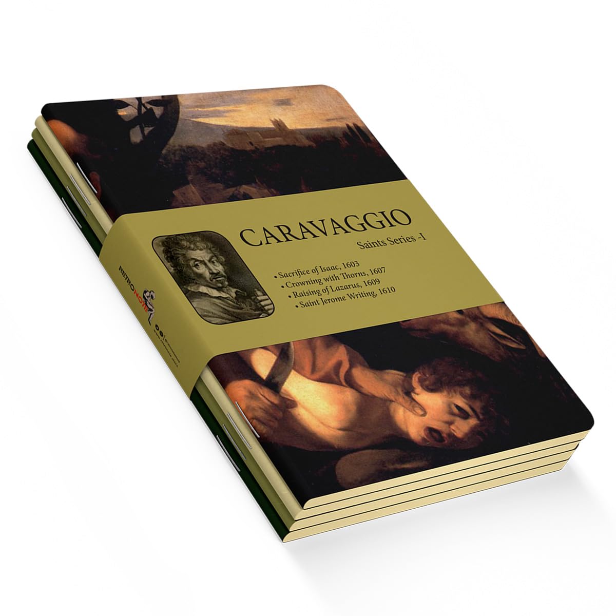 Retronote Saint Series I - A6, Caravaggio 4'lü Defter Seti III, Çizgisiz, Toplam 192 Sayfa, Her biri 48 Sayfa, Tel Dikiş, Esnek Kapak, Oval Kenar, Tuval Doku, 60 gram, Sarı Krem Renk