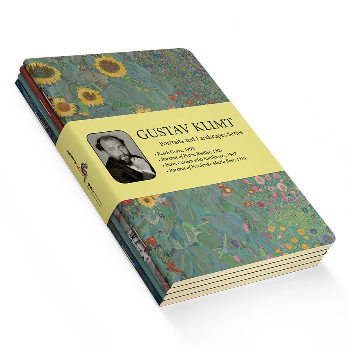 Retronote Portraits and Landscapes Series - A5, Gustav Klimt 4'lü Defter Seti II, Çizgisiz, Toplam 256 Sayfa, Her biri 64 Sayfa, Tel Dikiş, Esnek Kapak, Oval Kenar, Tuval Doku, 60 gram, Sarı Krem Renk