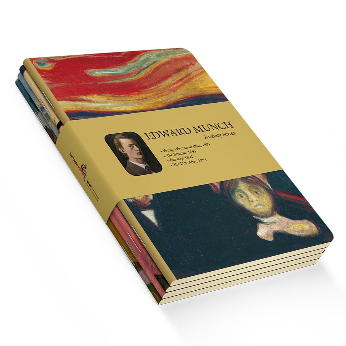 Retronote Anxiety Series - A5, Edward Munch 4'lü Defter Seti I, Çizgisiz, Toplam 256 Sayfa, Her biri 64 Sayfa, Tel Dikiş, Esnek Kapak, Oval Kenar, Tuval Doku, 60 gram, Sarı Krem Renk