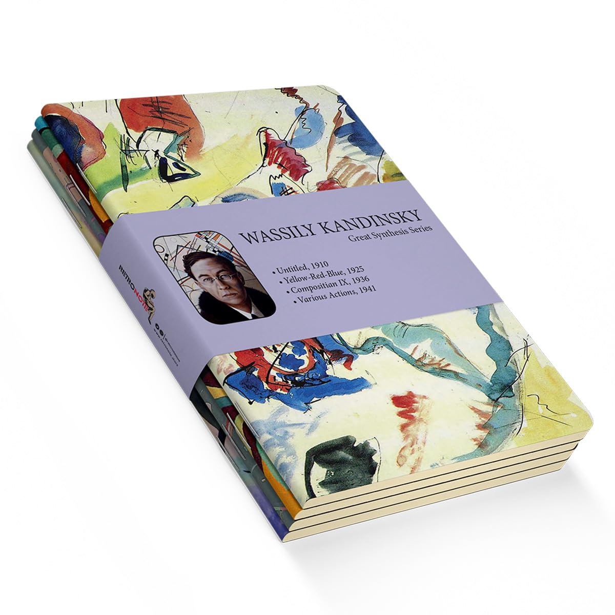 Retronote Great Synthesis Series - A5, Wassily Kandinsky 4'lü Defter Seti I, Çizgisiz, Toplam 256 Sayfa, Her biri 64 Sayfa, Tel Dikiş, Esnek Kapak, Oval Kenar, Tuval Doku, 60 gram, Sarı Krem Renk