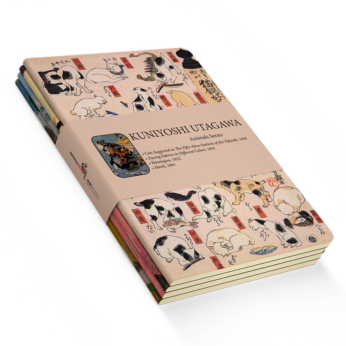 Retronote Animals Series - A5, Kuniyoshi Utagawa 4'lü Defter Seti II, Çizgisiz, Toplam 256 Sayfa, Her biri 64 Sayfa, Tel Dikiş, Esnek Kapak, Oval Kenar, Tuval Doku, 60 gram, Sarı Krem Renk