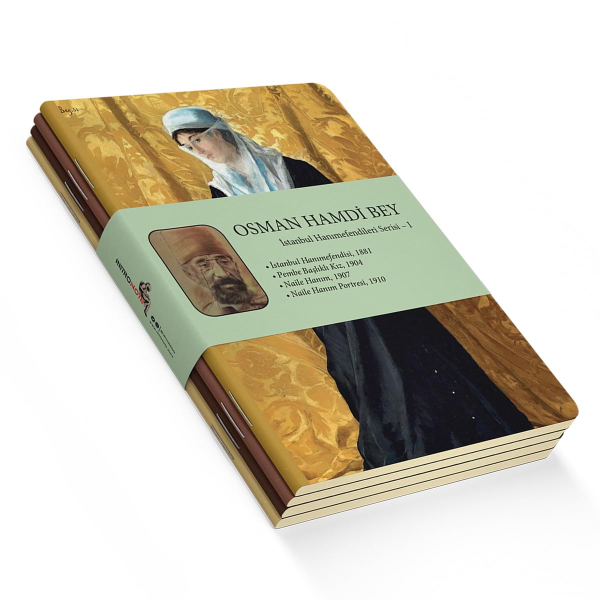 Retronote İstanbul Hanımefendileri Serisi I - A6, Osman Hamdi Bey 4'lü Defter Seti I, Çizgisiz, Toplam 192 Sayfa, Her biri 48 Sayfa, Tel Dikiş, Esnek Kapak, Oval Kenar, Tuval Doku, 60 gram, Sarı Krem Renk