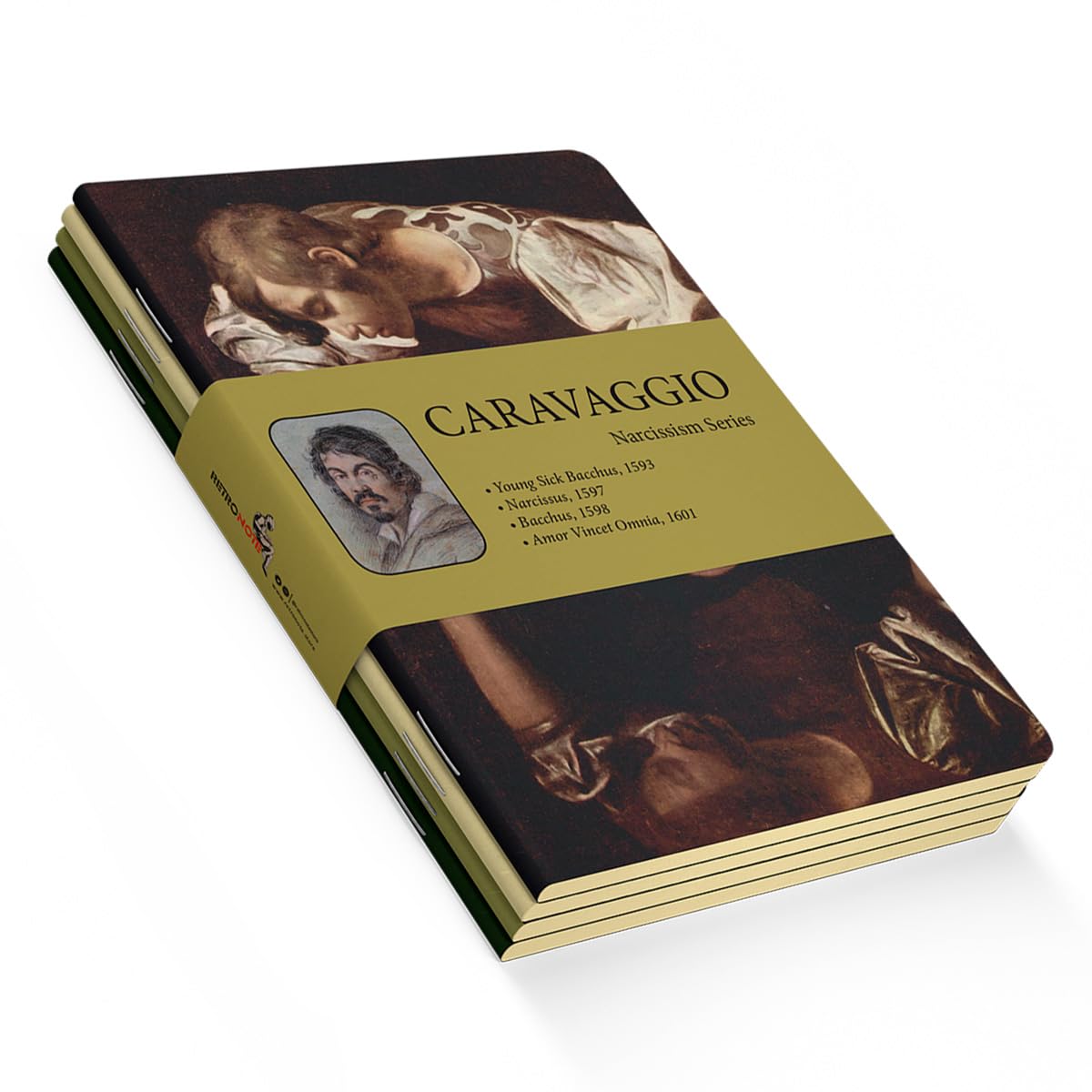 Retronote Narcissism Series - A5, Caravaggio 4'lü Defter Seti I, Çizgisiz, Toplam 256 Sayfa, Her biri 64 Sayfa, Tel Dikiş, Esnek Kapak, Oval Kenar, Tuval Doku, 60 gram, Sarı Krem Renk