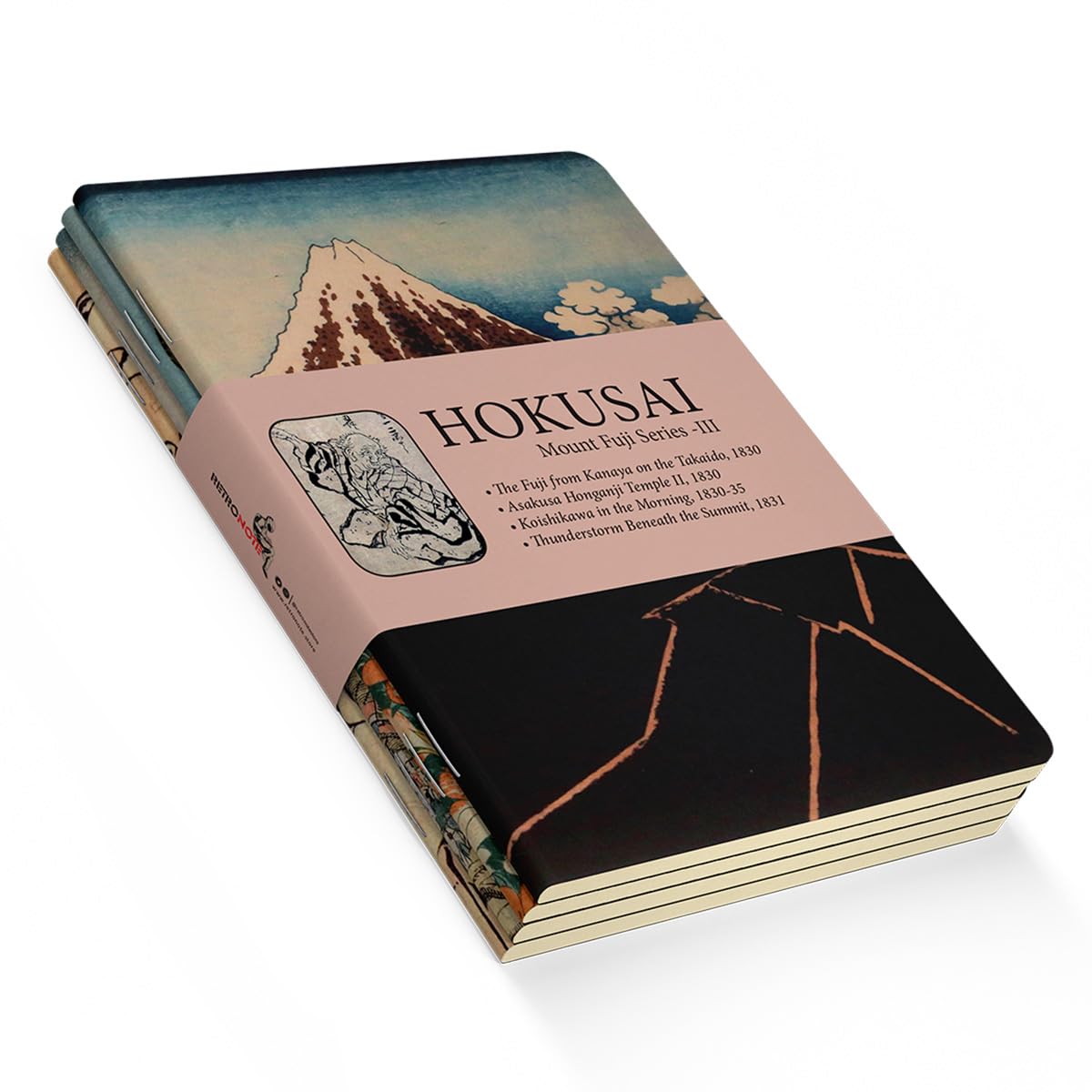 Retronote Mount Fuji Series III - A6, Hokusai 4'lü Defter Seti III, Çizgisiz, Toplam 192 Sayfa, Her biri 48 Sayfa, Tel Dikiş, Esnek Kapak, Oval Kenar, Tuval Doku, 60 gram, Sarı Krem Renk
