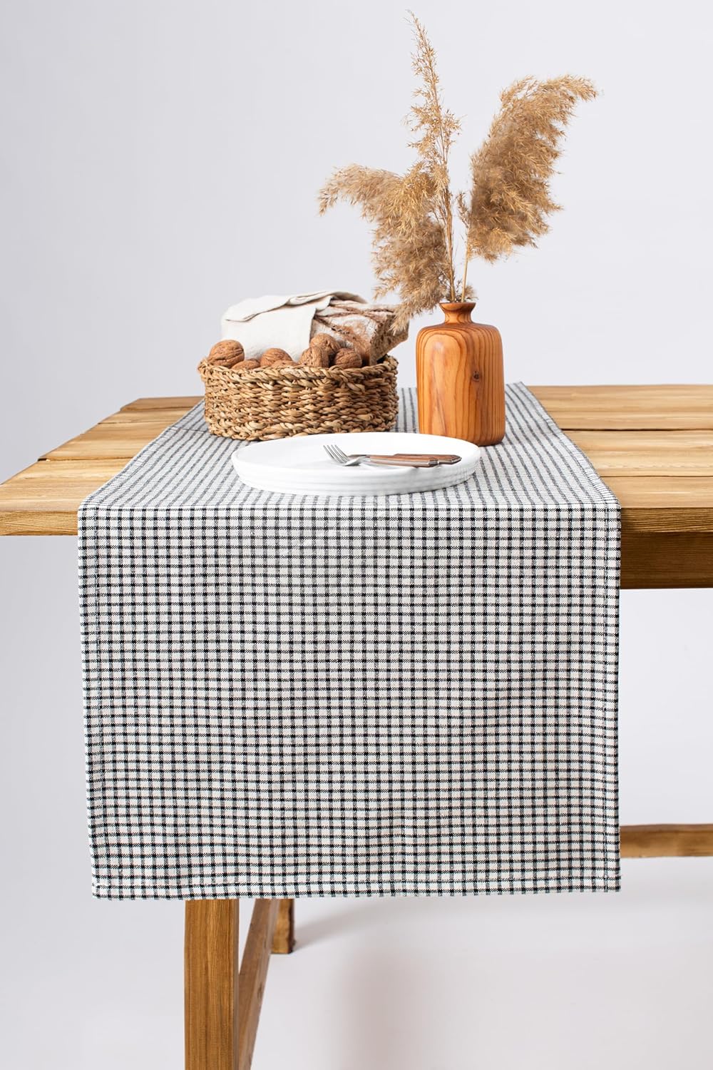 W Wellstil Doku | Keten Piti Kareli Runner - Piknik Örtüsü 40 x 150 cm (Siyah)