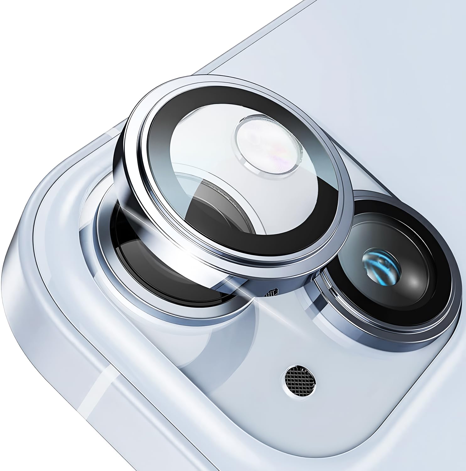 Minesk iPhone 15-15 Plus ile Uyumlu Safir Kamera Lens Koruyucu Kolay Kurulum Kitli Çizilmez Safir Cam ve Titanyum Alaşım Çerçeve (Mavi, Safir Cam)