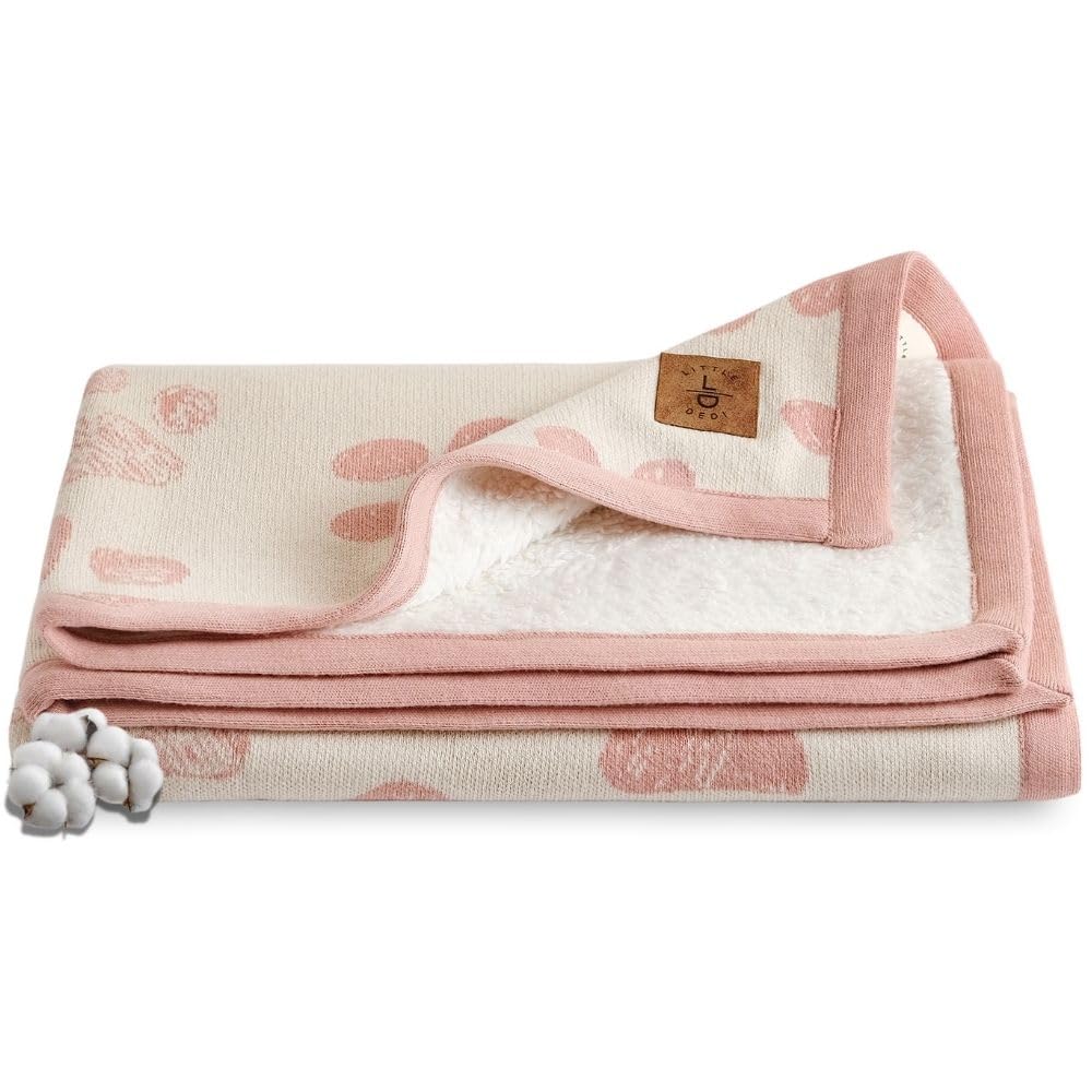 Little Dedi Sherpa%100 Organik Pamuk Örme Peluş Katmanlı Bebek Battaniyesi 75x 95 cm - Rahat ve Sıcak Yenidoğan Temelleri - Kreş, Beşik, Bebek Arabası için Yumuşak Kundak Örtüsü (Pembe)