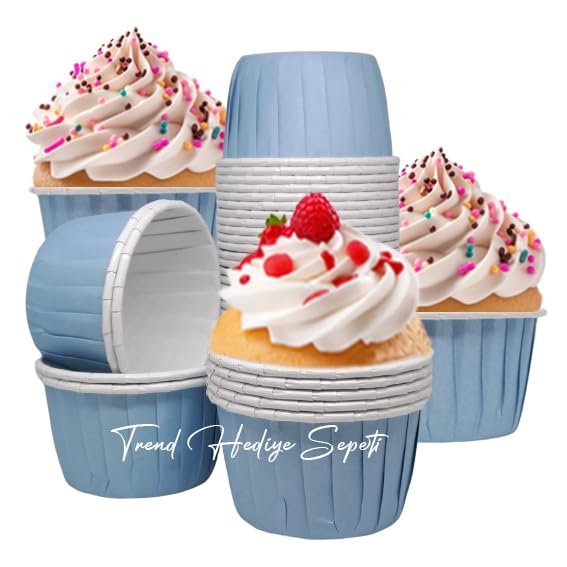 Trend Hediye Sepeti 50'li Pastel Mavi Muffin Kek Kalıbı, Kek Kapsülü Cupcake Kalıbı, Airfryer Uyumlu