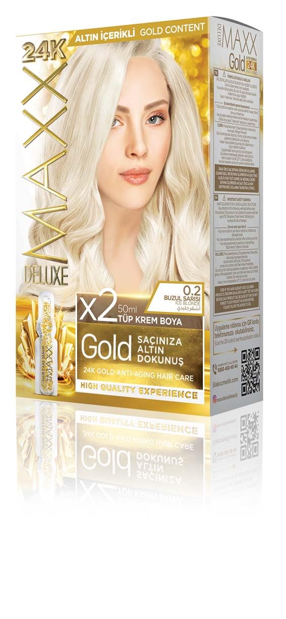 MAXX DELUXE Gold serisi 24K Altın Parçacıklı Serum ile 1 Kutu 2 x 50 ml ve Geliştiriciler Saç Boyası (BUZUL SARISI 0.2)