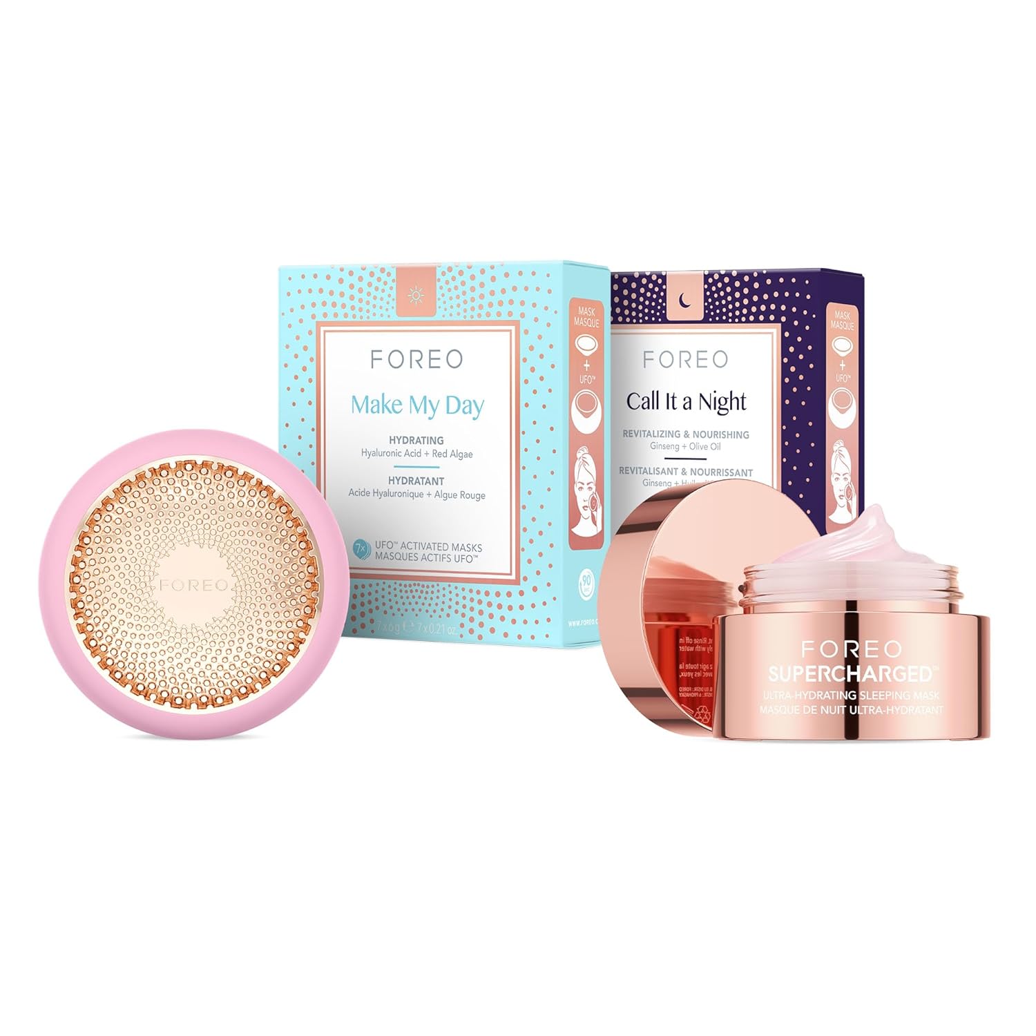 FOREO Hyper Hydra UFO 3 - Yüz Nemlendirici Cihaz + 14 UFO Aktif Maske + 15 ml Gece Maskesi - Kırmızı LED Işık, Isıtma & Soğutma Fonksiyonları, T-Sonic Masaj - Yaşlanma Karşıtı Bakım
