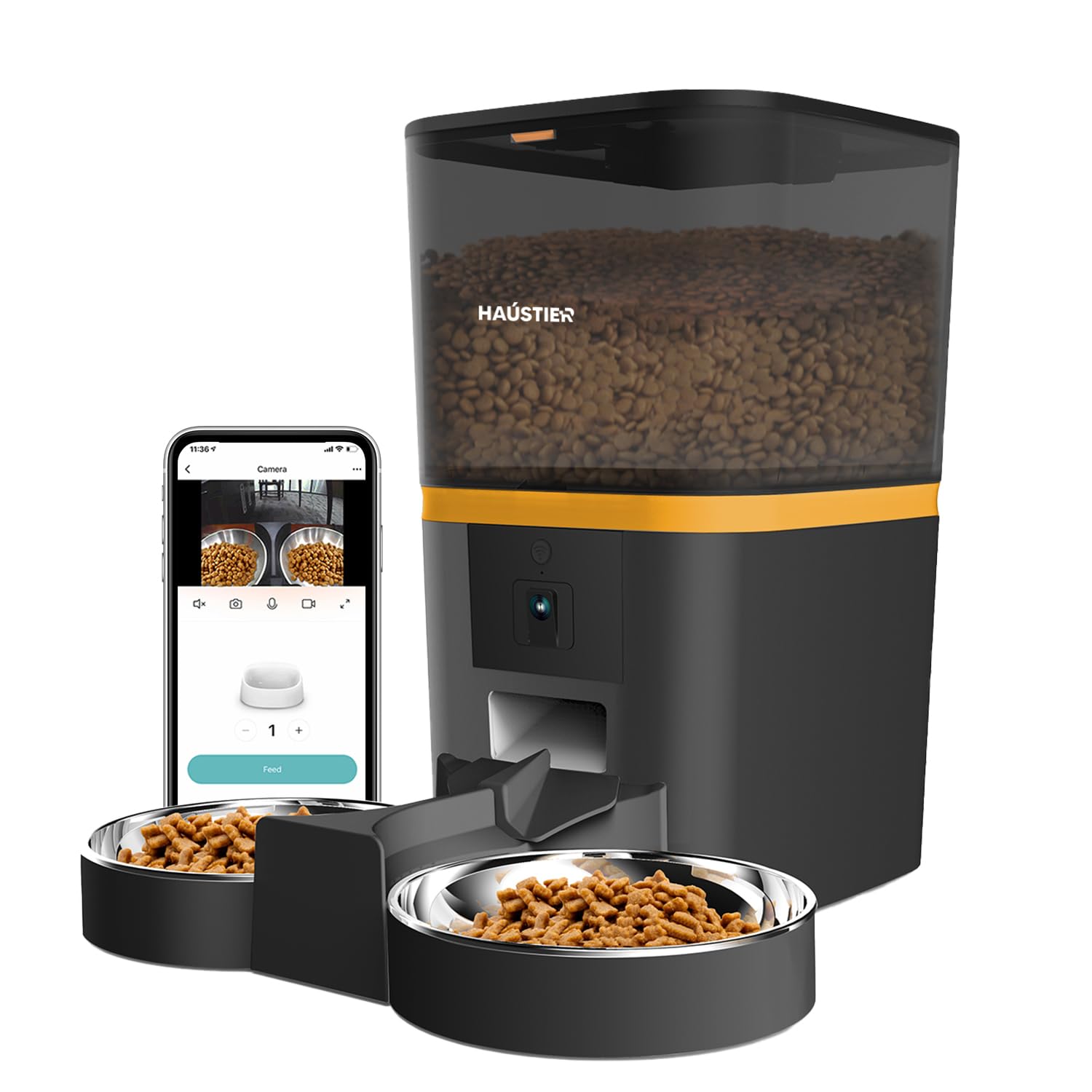 Haustier QQ005-Dual Kameralı Akıllı Kedi Köpek Otomatik Mama Kabı, App Uzaktan Kontrol, Sesle Çağırma, 480P Kamera, 6lt Hazne, Çift Metal Kase (Siyah)