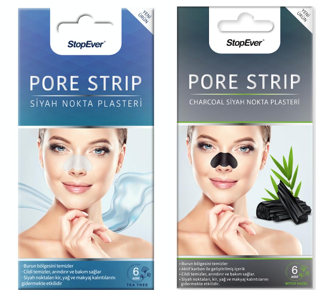 StopEver Pore Strip Siyah Nokta Bandı – 2'li Paket (Charcoal + Tea Tree) | Siyah Nokta Karşıtı | Gözenek Temizleyici | Aktif Karbon & Çay Ağacı Özlü | 12 Adet