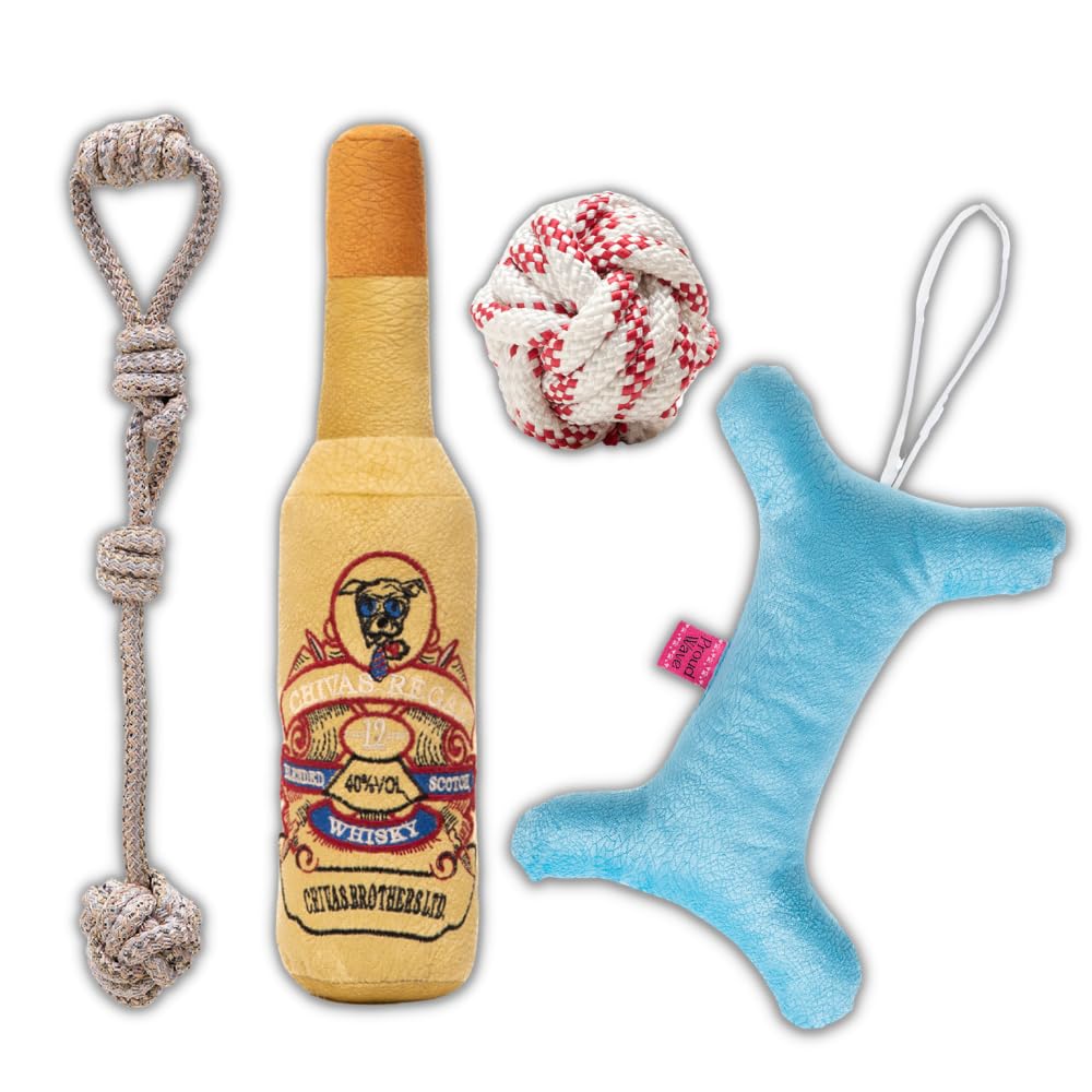 proud wave Köpek Oyuncağı Dörtlü Toplu Çekiştirmeli Halat - Şişe Peluş Kemik Köpek Eğitim Oyuncağı - Dörtlü Set