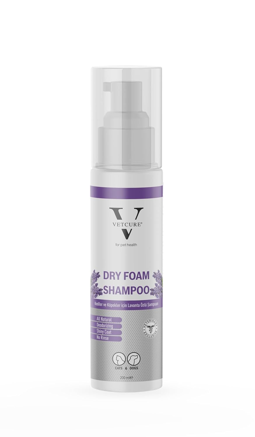 Vetcure Dry Foam Kedi ve Köpekler İçin Lavanta Kokulu Kuru Şampuan 200 ML