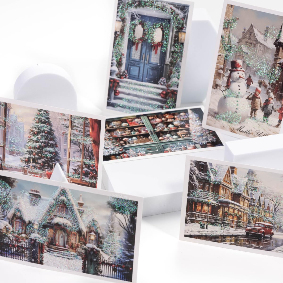 Bimotif Simli kartpostal, yılbaşı, kış sokakları Set (6 adet)
